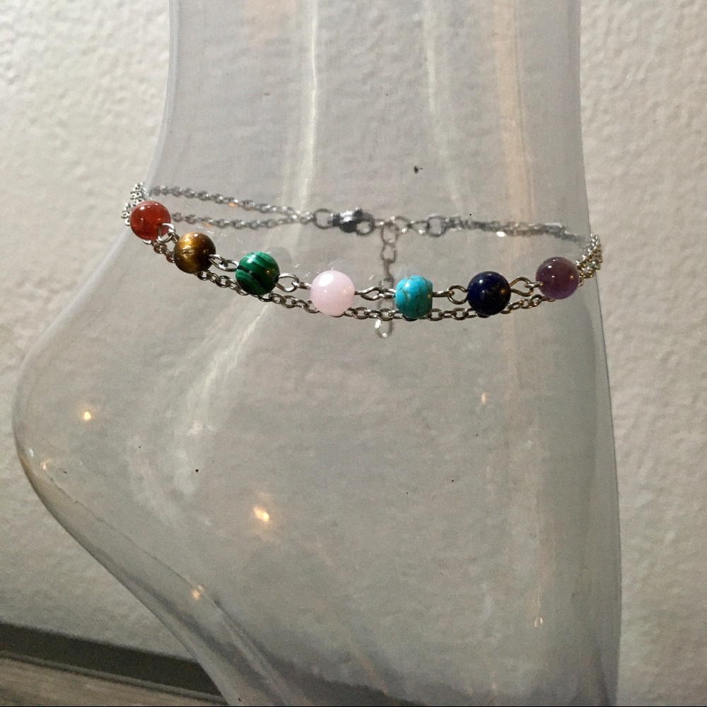 7 Chakra Anklet w/Natural Stones - Stainless Steel - Picture 8 of 8